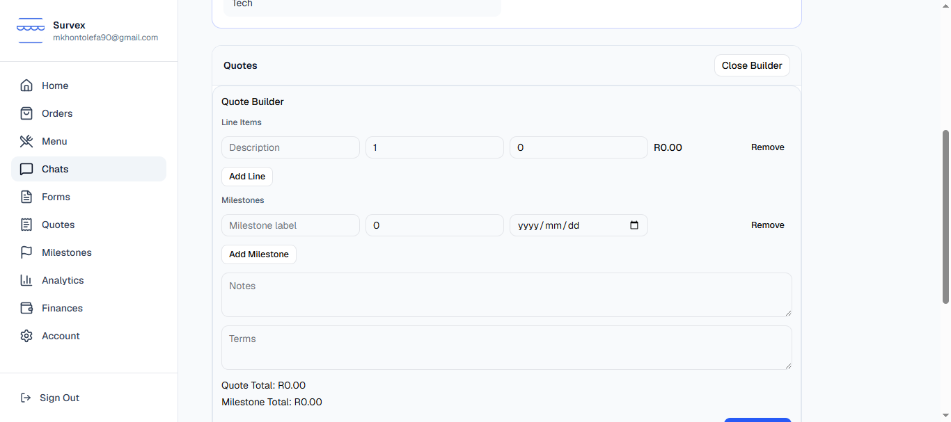 The quote builder with line items and milestone splits.