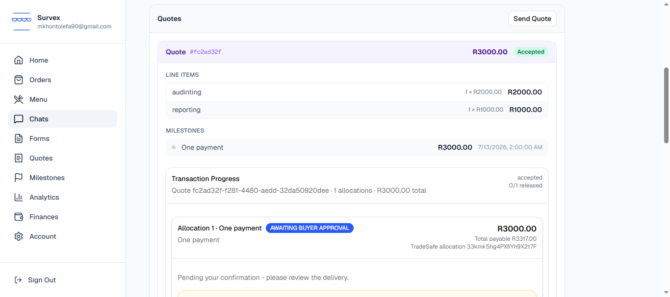 A milestone marked delivered, awaiting the buyer's confirmation.
